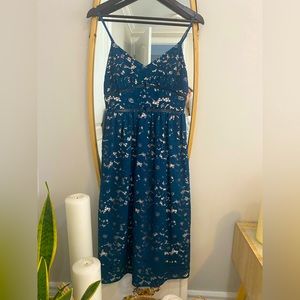 Babaton teal lace overlay midi dress